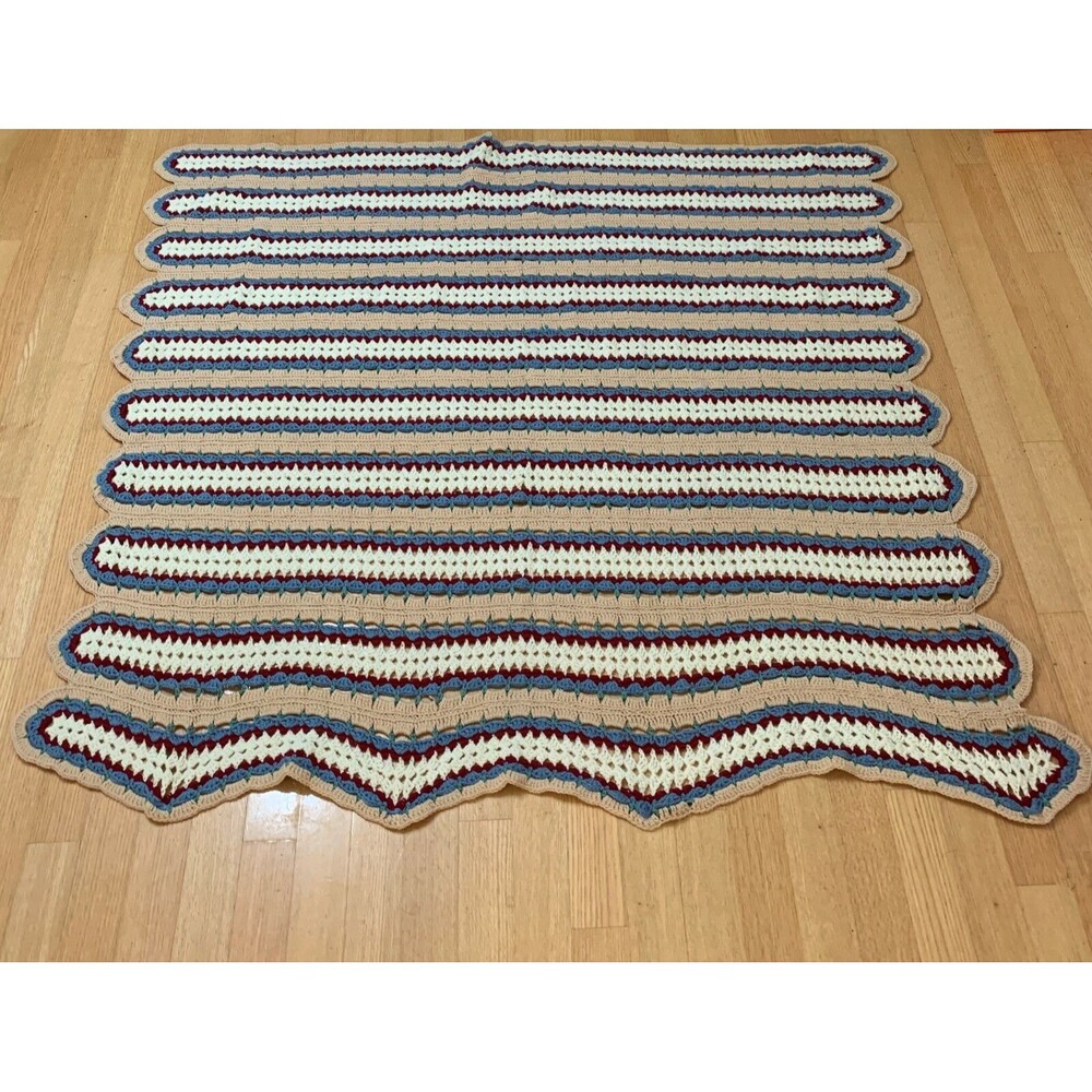 Vintage‎ Crochet Afghan Throw Blanket Blue Red White Beige Multicolor